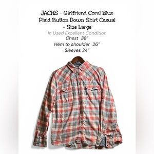 JACHS Girlfriend Coral Blue Plaid Button Down Shirt Casual Size Large